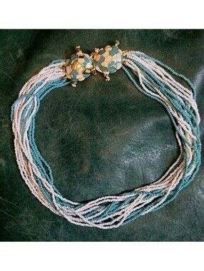 Vtg Original by Robert Necklace Seed Bead Aqua White Glass Statement Layered 18"